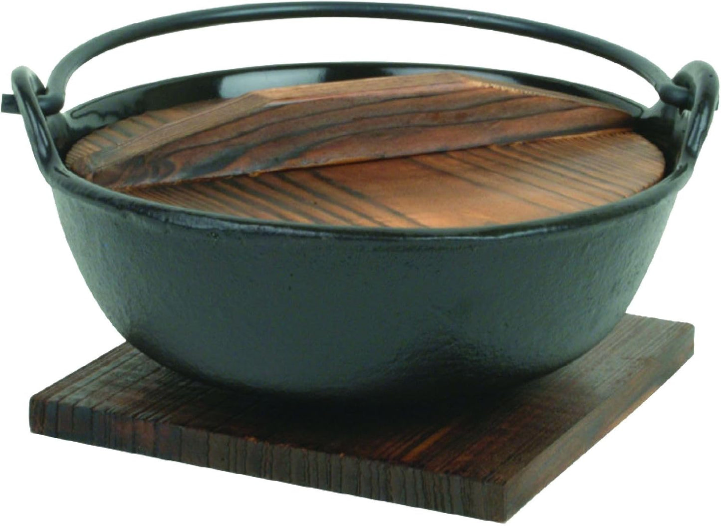 Cast Iron Japanese Noodle Bowl with Wooden Lid and Base - Japanese Style Traditional Cookware Serveware Nabemono Hot Pot Stockpot Wok Cooking Ideal for Restaurants Home