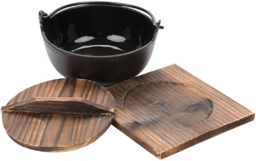 Cast Iron Japanese Noodle Bowl with Wooden Lid and Base - Japanese Style Traditional Cookware Serveware Nabemono Hot Pot Stockpot Wok Cooking Ideal for Restaurants Home