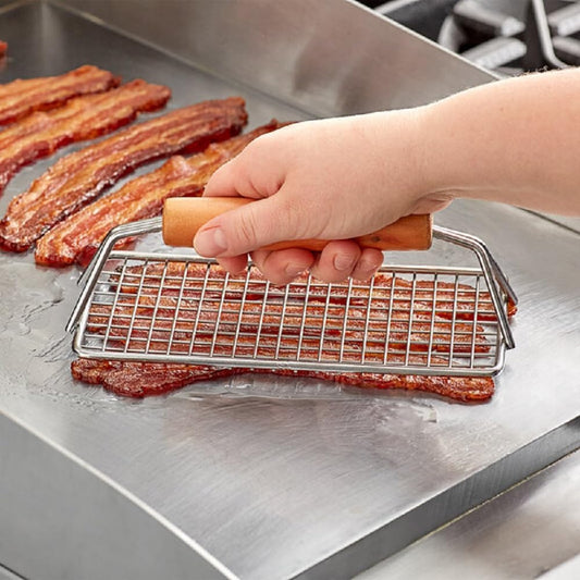 8" x 4" Heavy Duty Bacon Press Chrome Plated Steel with Wooden Handle - Heavy Duty Press Grill Press Meat Burger Bacon Steak Sausage for Perfectly Seared Bacon Steak & Sandwiches