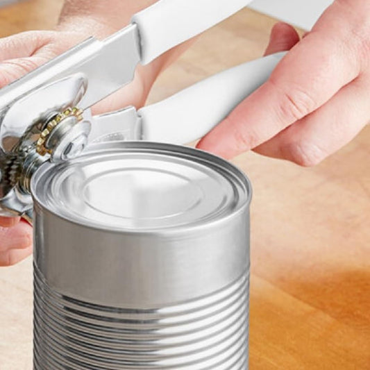 8" x 2" x 2-1/2" Manual Can Opener Iron Plated with White Color Plastic Handle - Built-in Bottle Cap Remover Handheld Easy Turn Knob Manual Hand Held Can Opener