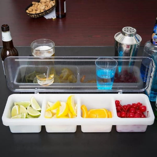 4 Compartment Bar Caddie with Clear Cover 18" x 5" x 3” - Condiment Dispenser Serving Container Garnish Tray Bar Caddy Condiment Server Caddy Garnish Holder for Home Work Restaurant