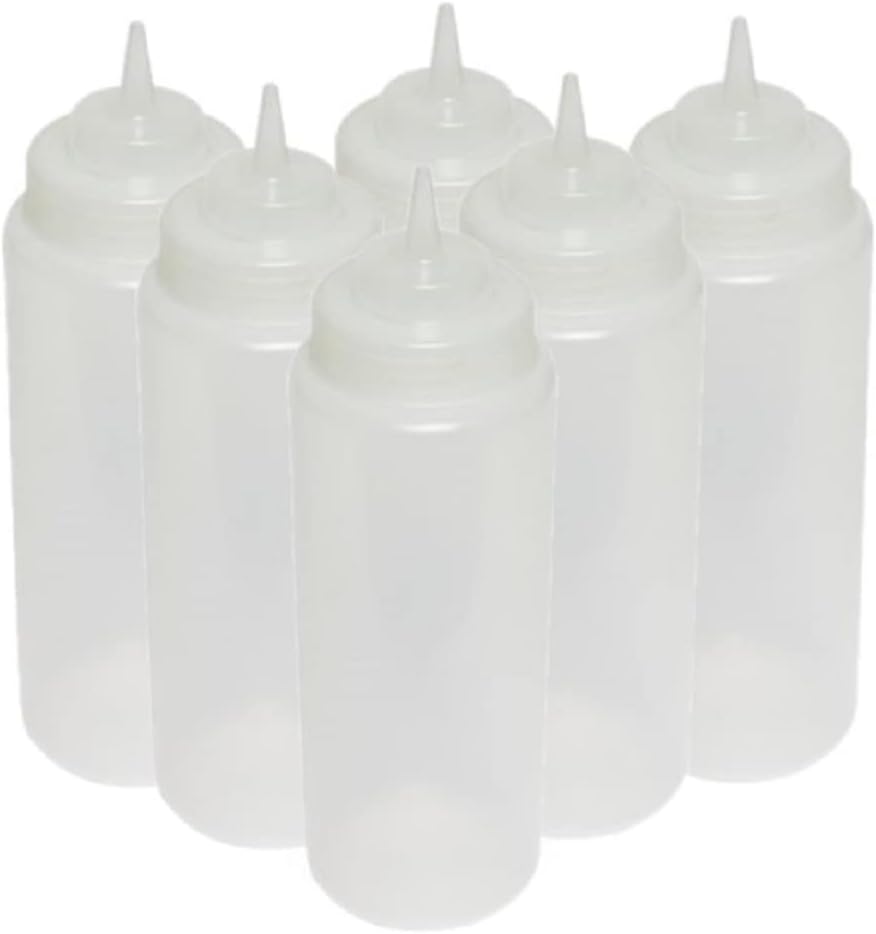 Set of 6 Squeeze Condiment Wide Mouth Dispensing Bottles - Plastic Squeeze Bottle for Sauces Spreads Ketchup Mustard Mayo Hot sauces and Olive oil