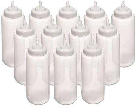 Set of 12 Squeeze Condiment Wide Mouth Dispensing Bottles 32 oz Clear- Plastic Squeeze Bottle For Sauces Spreads Ketchup Mustard Mayo