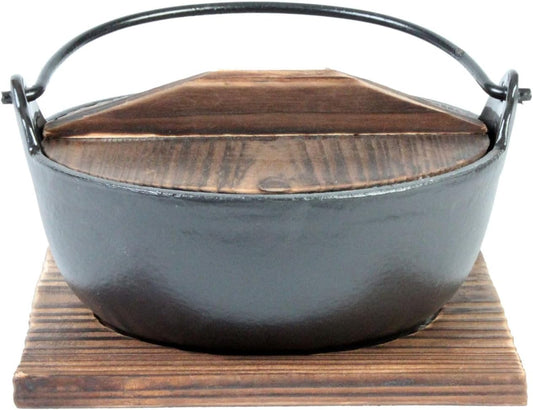 Cast Iron Japanese Noodle Bowl with Wooden Lid and Base - Japanese Style Traditional Cookware Serveware Nabemono Hot Pot Stockpot Wok Cooking Ideal for Restaurants Home