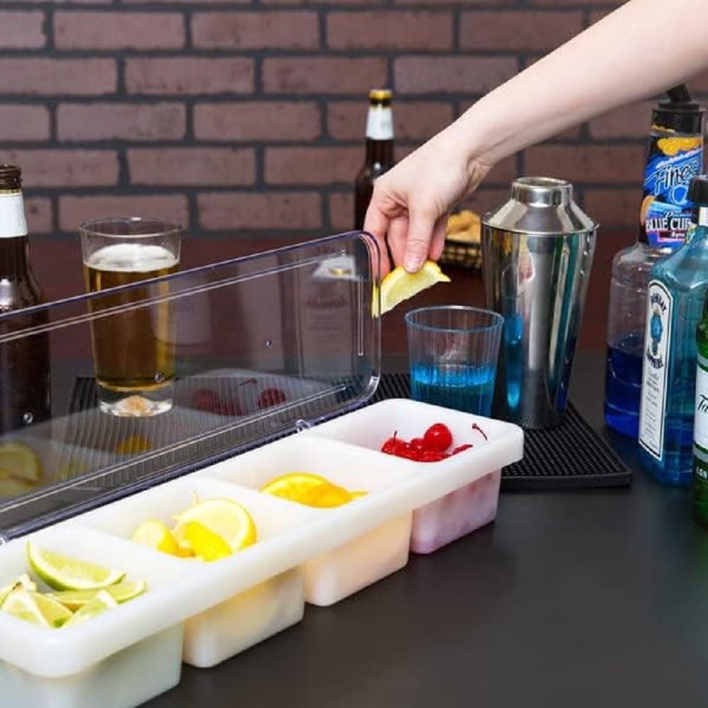 4 Compartment Bar Caddie with Clear Cover 18" x 5" x 3” - Condiment Dispenser Serving Container Garnish Tray Bar Caddy Condiment Server Caddy Garnish Holder for Home Work Restaurant
