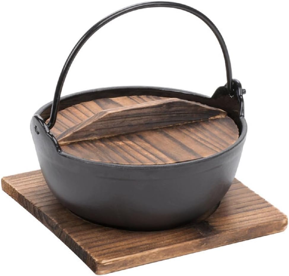 Cast Iron Japanese Noodle Bowl with Wooden Lid and Base - Japanese Style Traditional Cookware Serveware Nabemono Hot Pot Stockpot Wok Cooking Ideal for Restaurants Home