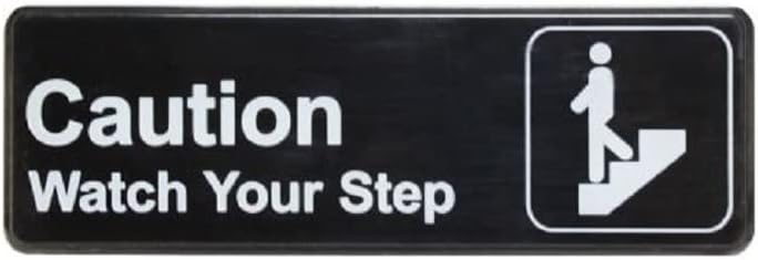 9" x 3" Caution, Watch Your Step Sign with Easy Peel Self-Adhesive White on Black Color Set of 2- Door Sign Waterproof Self Adhesive Store Signs Indoor/Outdoor Warning Marker Home Business Use