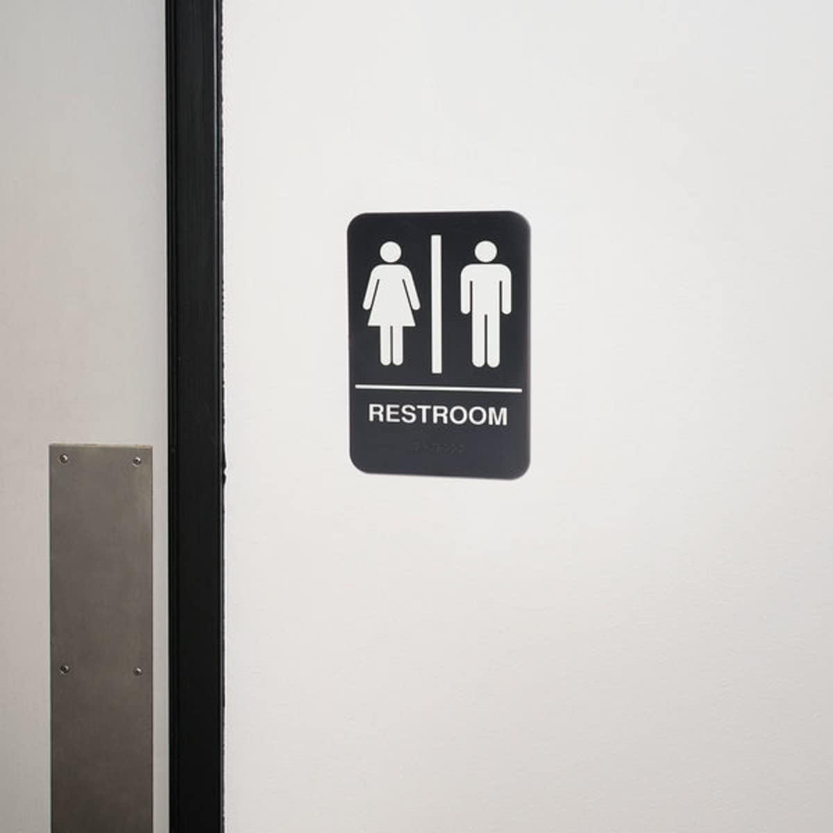 6" x 9" Restroom Sign with Braille Easy Peel Self-Adhesive White on Black Color Set of 2- Waterproof Self Adhesive Store Signs Indoor/Outdoor Warning Marker Home Business Use