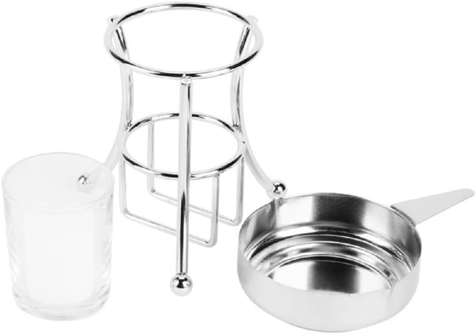 3 Piece Set Butter Warmer Stainless Steel Warmer Pan with Chrome Iron Plated Wire Stand and Glass Holder- Warmer Set for Chocolate Butter Cheese Perfect for dip Fruit Dessert Snack