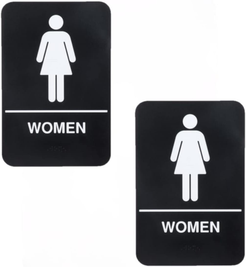 6" x 9" Women Restroom Sign with Braille Easy Peel Self-Adhesive White on Black Color Set of 2- Waterproof Self Adhesive Store Signs Indoor/Outdoor Warning Marker Home Business Use