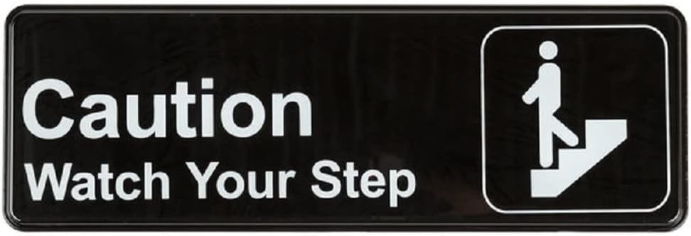 9" x 3" Caution, Watch Your Step Sign with Easy Peel Self-Adhesive White on Black Color Set of 2- Door Sign Waterproof Self Adhesive Store Signs Indoor/Outdoor Warning Marker Home Business Use
