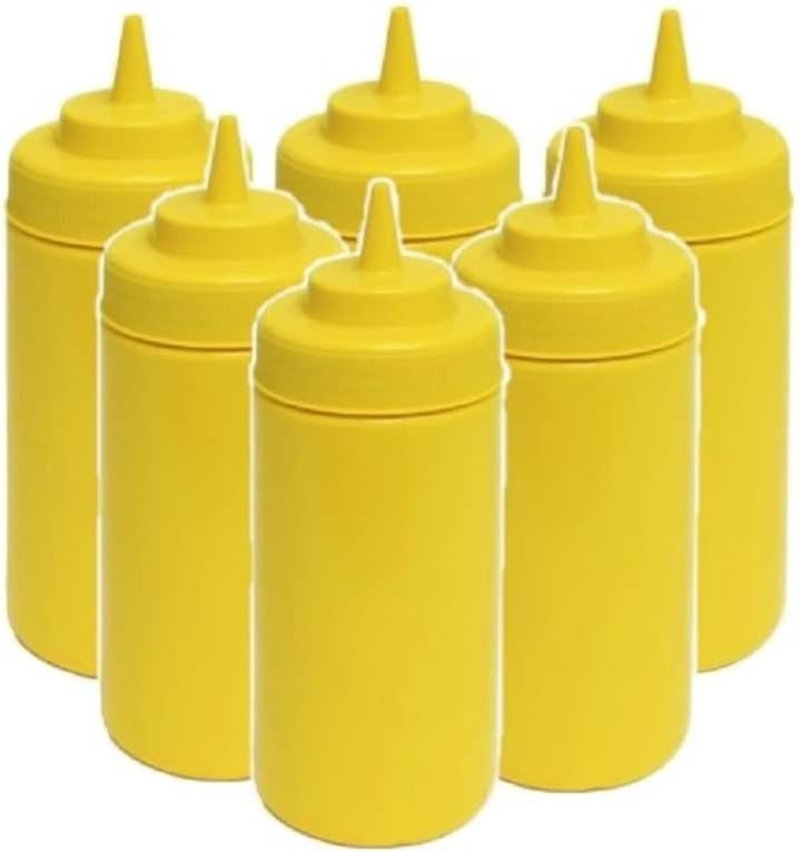 Set of 6 Squeeze Condiment Wide Mouth Dispensing Bottles - Plastic Squeeze Bottle for Sauces Spreads Ketchup Mustard Mayo Hot sauces and Olive oil