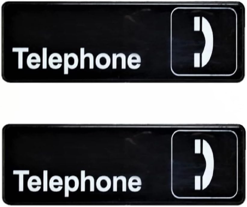 9" x 3" Telephone Sign with Easy Peel Self-Adhesive White on Black Color Set of 2- Door Sign Waterproof Self Adhesive Store Signs Indoor/Outdoor Warning Marker Home Business Use