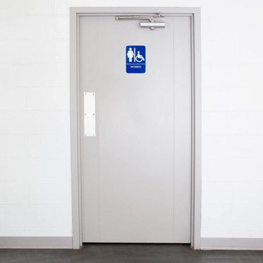 6" x 9" Women/ Wheelchair Accessible Restroom Sign with Braille Easy Peel Self-Adhesive White on Blue Color Set of 2- Waterproof Self Adhesive Store Signs Indoor/Outdoor Warning Marker Home Business Use