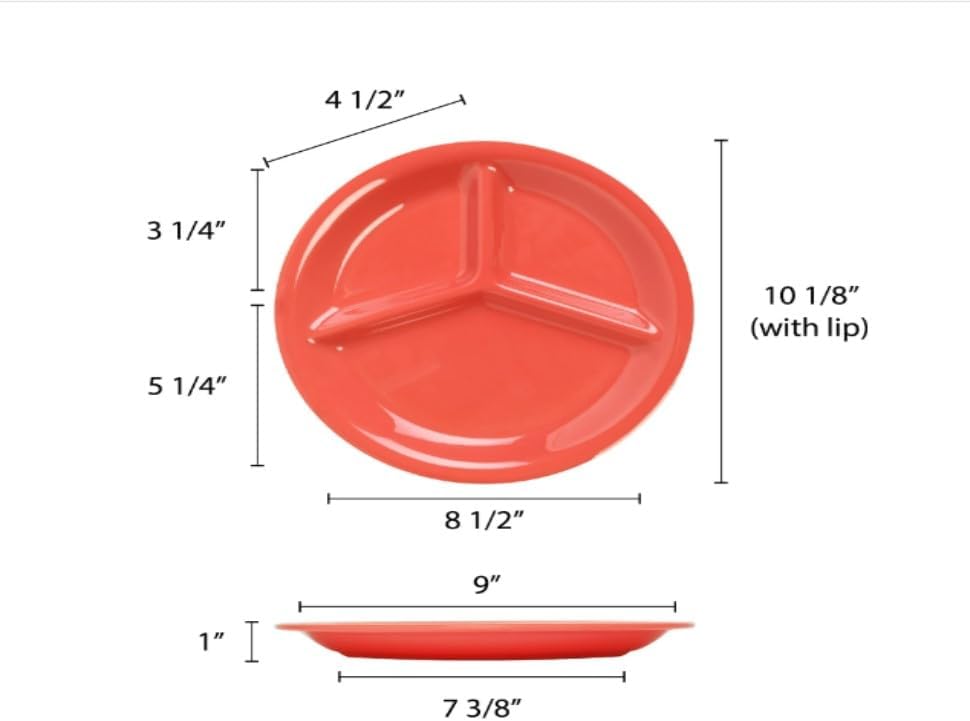 3 Compartment 10 1/4” Divided Plate Melamine Set of 12- Dishwasher Safe Break-Resistant Serving Platter Dinner Plates Portion Plates for Dinner Home Kitchen Restaurants