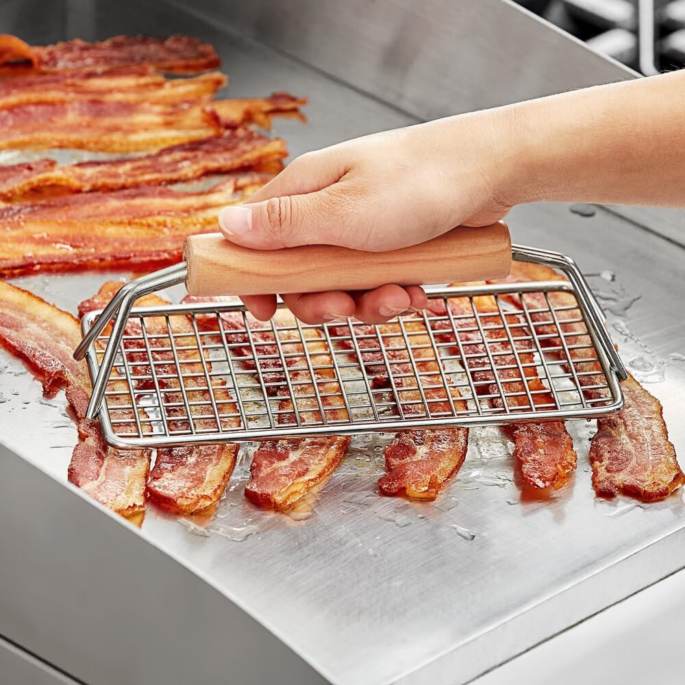 8" x 4" Heavy Duty Bacon Press Chrome Plated Steel with Wooden Handle - Heavy Duty Press Grill Press Meat Burger Bacon Steak Sausage for Perfectly Seared Bacon Steak & Sandwiches
