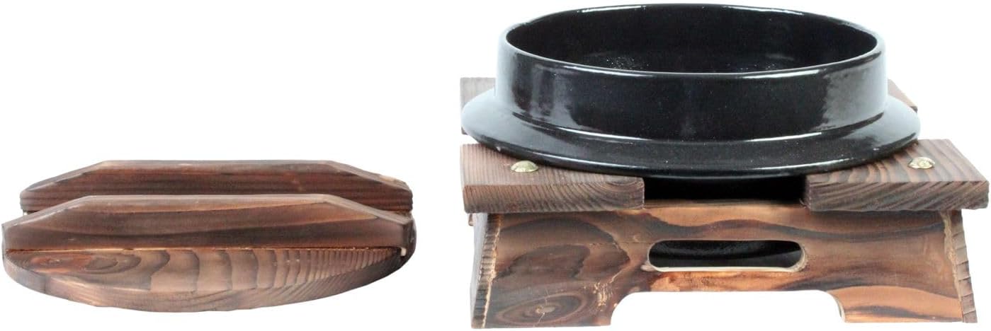 Cast Iron Japanese Noodle Bowl with Wooden Lid and Base - Japanese Style Traditional Cookware Serveware Nabemono Hot Pot Stockpot Wok Cooking Ideal for Restaurants Home