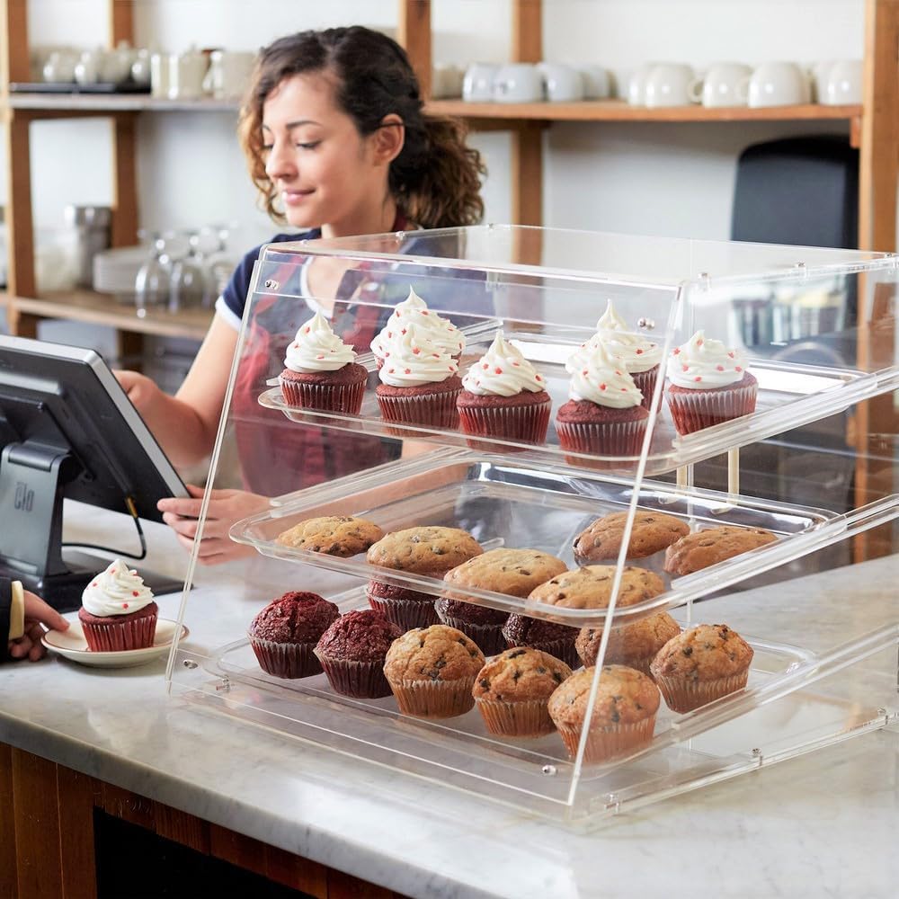 3 Tray Acrylic Countertop Pastry Display Case with Rear Doors 21" x 17 3/4" x 16 1/2" - Bakery Case Box Retail Commercial Home use for Bagels Baked Goods Bread Donuts Vegetables