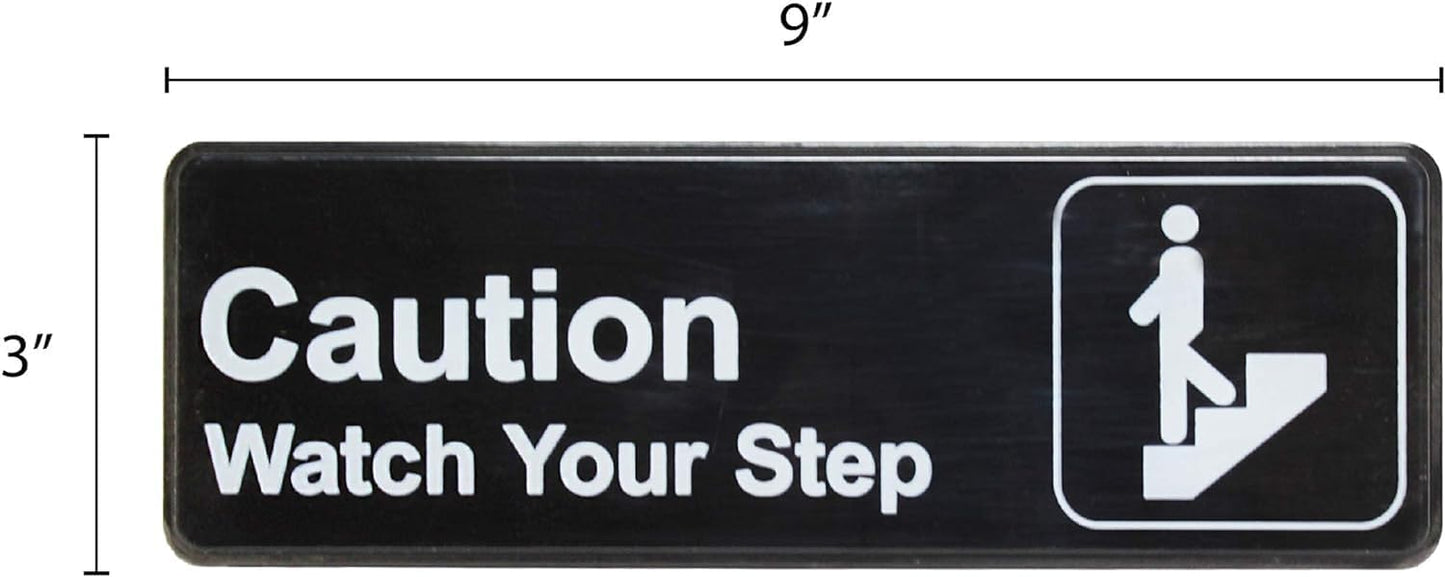 9" x 3" Caution, Watch Your Step Sign with Easy Peel Self-Adhesive White on Black Color Set of 2- Door Sign Waterproof Self Adhesive Store Signs Indoor/Outdoor Warning Marker Home Business Use