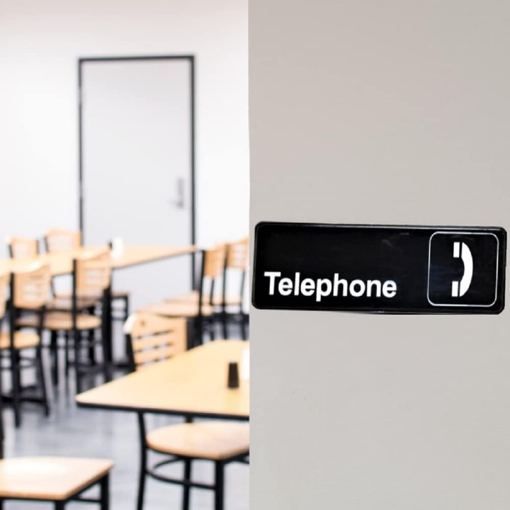9" x 3" Telephone Sign with Easy Peel Self-Adhesive White on Black Color Set of 2- Door Sign Waterproof Self Adhesive Store Signs Indoor/Outdoor Warning Marker Home Business Use