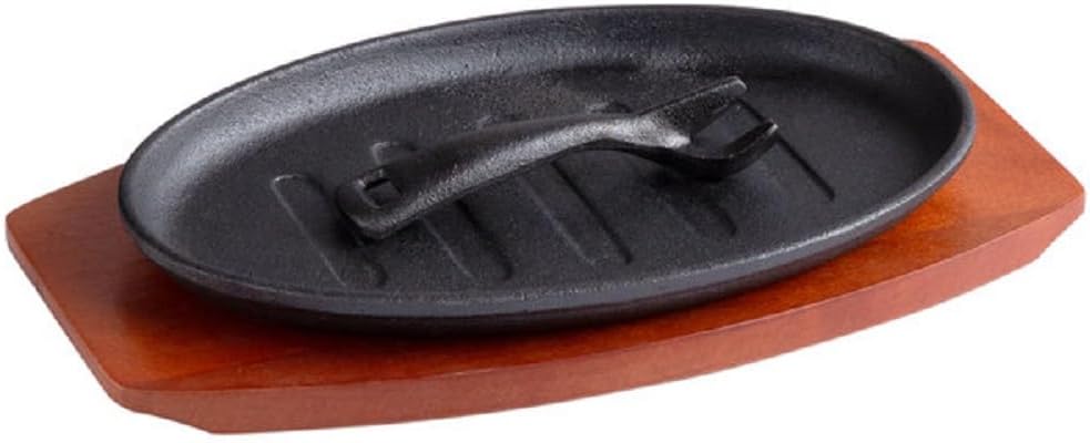 3 Piece Oval Cast Iron Sizzle Platter Set - Sizzler Plates Skillet Set Fajita Plate Fajita Pan With Wooden Base Perfect for Meats Steak Fish And Vegetables
