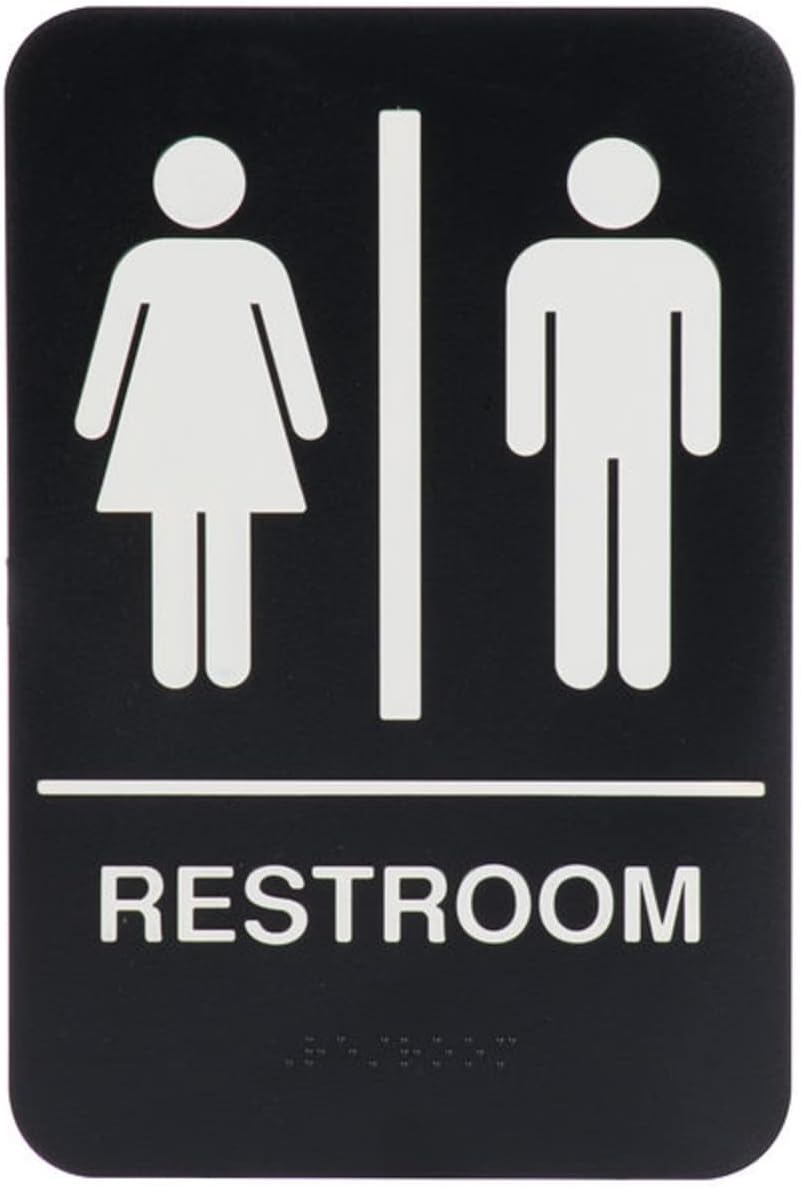 6" x 9" Restroom Sign with Braille Easy Peel Self-Adhesive White on Black Color Set of 2- Waterproof Self Adhesive Store Signs Indoor/Outdoor Warning Marker Home Business Use