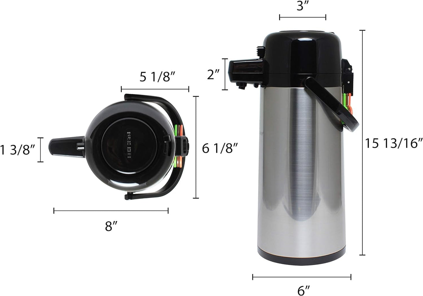 Push Button Coffee Airpot Stainless Steel Body Glass Lined - Hot Beverage Coffee Chocolate Juice Tea Drinks Dispenser Ideal for Large Crowds for Any Occasion