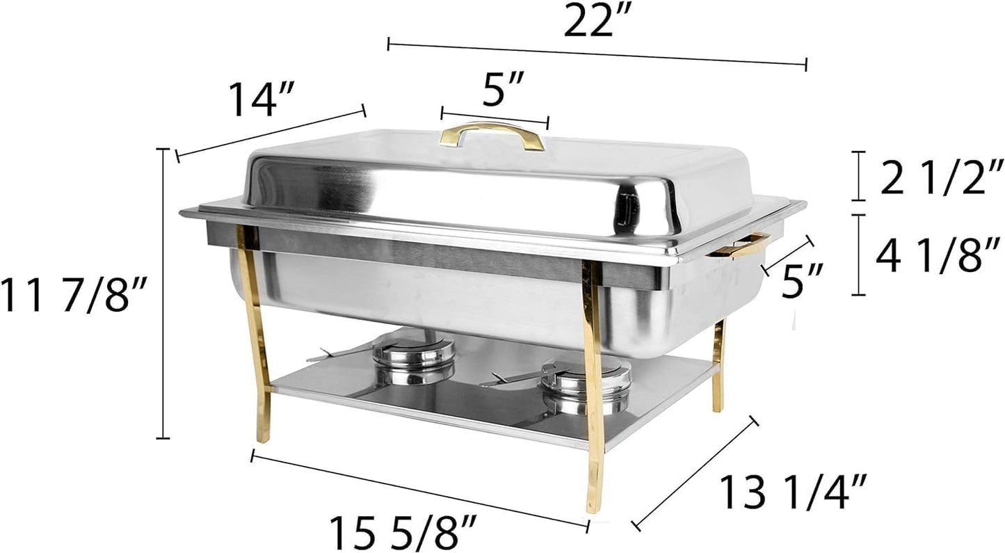 Stainless Steel Full Size Continental Chafing Dish Brass Accent Complete Set- Food Warmer Chafers and Buffet Warmer Sets for Catering Event Party Holiday Buffet Weddings Catering
