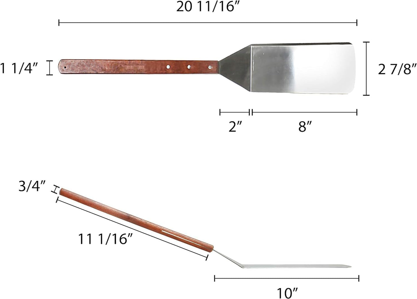 8" x 3" Stainless Steel Solid Turner with 21" Long Wooden Handle - Scraper Spatula Hamburger Pancake Flipper Great for BBQ Grill and Flat Top Griddle Commercial Grade