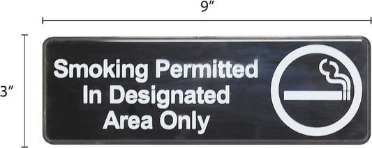 9" x 3" Smoking Permitted in Designated Area Only Sign with Easy Peel Self-Adhesive White on Black Color Set of 2- Door Sign Waterproof Self Adhesive Store Signs Indoor/Outdoor Warning Marker Home Business Use