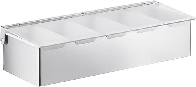 Compartment Condiment Dispenser Garnish Tray Bar Caddy Stainless Steel Body with Acrylic Hinged White Color Lid- Condiment Server Caddy Bar Garnish Holder Bar Accessories Fruit Salad