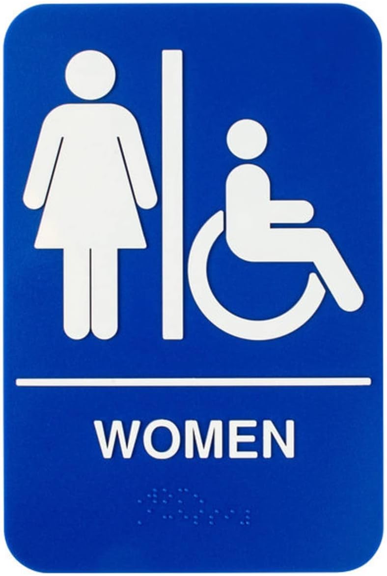 6" x 9" Women/ Wheelchair Accessible Restroom Sign with Braille Easy Peel Self-Adhesive White on Blue Color Set of 2- Waterproof Self Adhesive Store Signs Indoor/Outdoor Warning Marker Home Business Use
