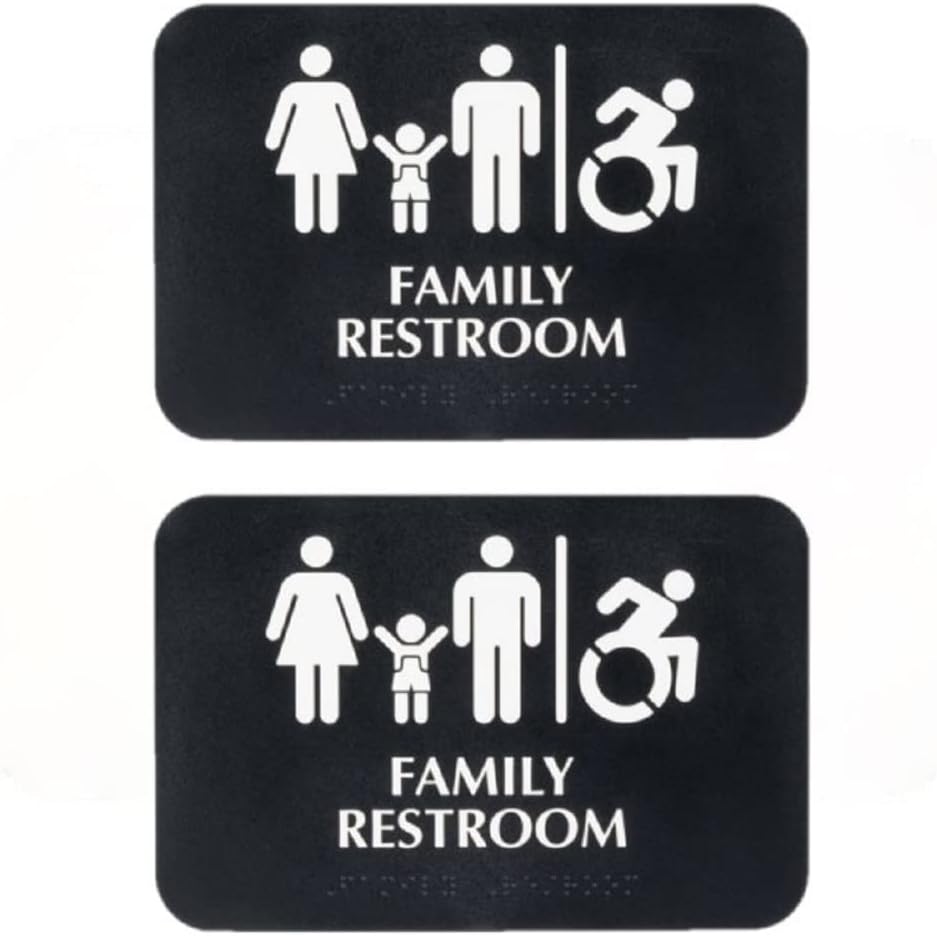9" x 6" Family Restroom/Accessible Restroom Sign with Braille with Easy Peel Self-Adhesive White on Black Color Set of 2- Door Sign Waterproof Self Adhesive Store Signs Indoor/Outdoor Warning Marker Home Business Use