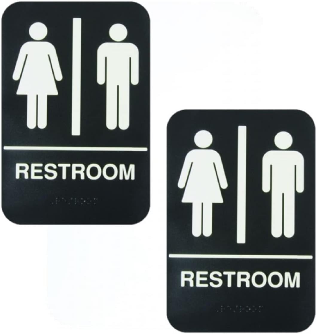 6" x 9" Restroom Sign with Braille Easy Peel Self-Adhesive White on Black Color Set of 2- Waterproof Self Adhesive Store Signs Indoor/Outdoor Warning Marker Home Business Use