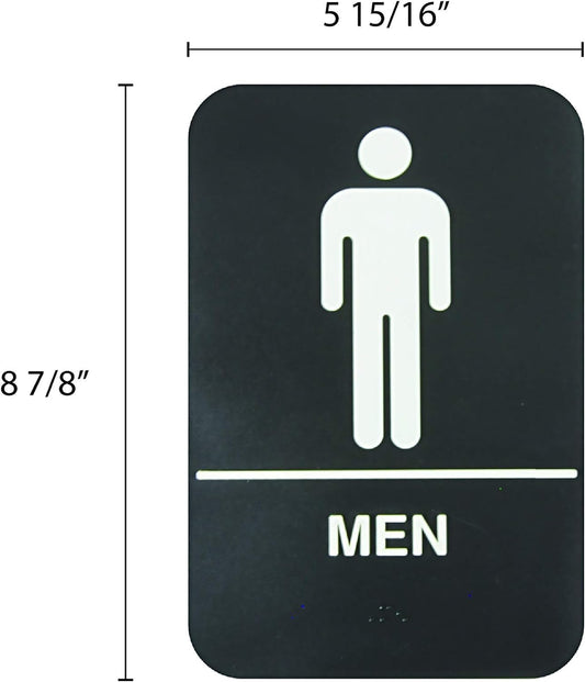Set of 2 Men Restroom Sign with Braille 6" x 9" with Easy Peel Self-Adhesive White on Black Color- Bathroom Signs Waterproof Long-Lasting Self Adhesive for Indoor/Outdoor Home or Business Use