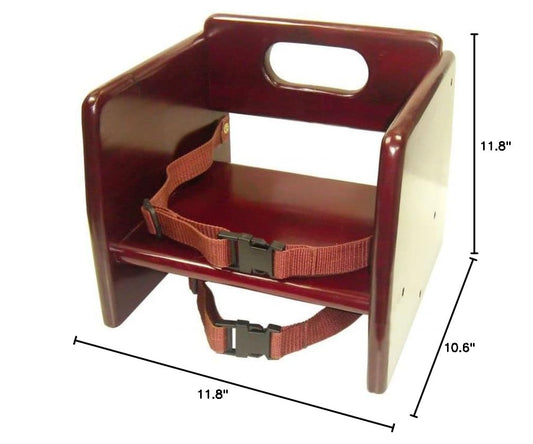 17" Children Booster Seat, Durable Wood Finished Rubber Wood with Harness Straps Seat Back Support Maximum Knock-Down Package, Stackable Booster Seat for Dining Table