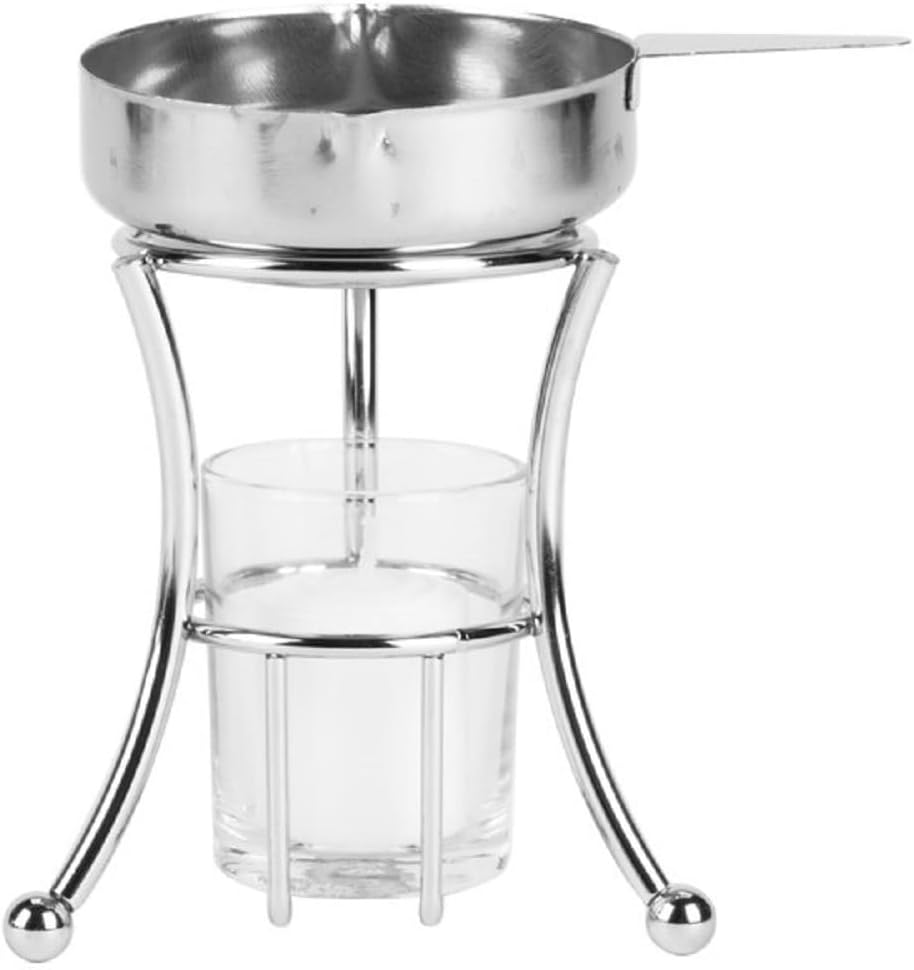 3 Piece Set Butter Warmer Stainless Steel Warmer Pan with Chrome Iron Plated Wire Stand and Glass Holder- Warmer Set for Chocolate Butter Cheese Perfect for dip Fruit Dessert Snack