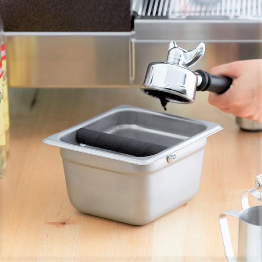 Deep Commercial Grade Stainless Steel Coffee Knock Box with Rubber Knock Bar 0.6mm Thickness- Durable Barista Espresso Knock Box Perfect for Restaurant Cafes Home