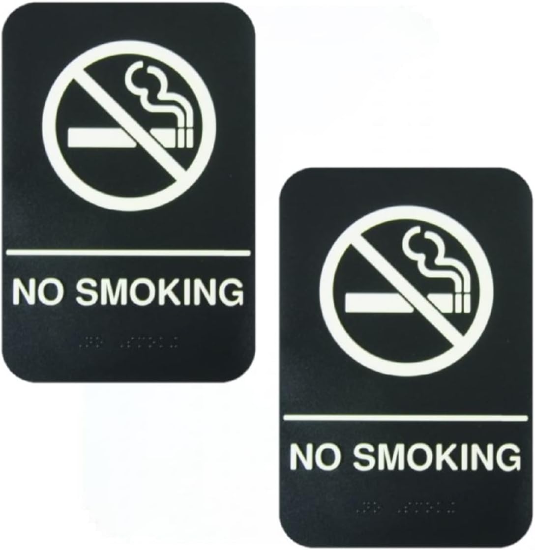 6" x 9" No Smoking Sign with Braille Easy Peel Self-Adhesive White on Black Color Set of 2- Waterproof Self Adhesive Store Signs Indoor/Outdoor Warning Marker Home Business Use