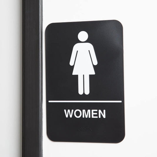 6" x 9" Women Restroom Sign with Braille Easy Peel Self-Adhesive White on Black Color Set of 2- Waterproof Self Adhesive Store Signs Indoor/Outdoor Warning Marker Home Business Use