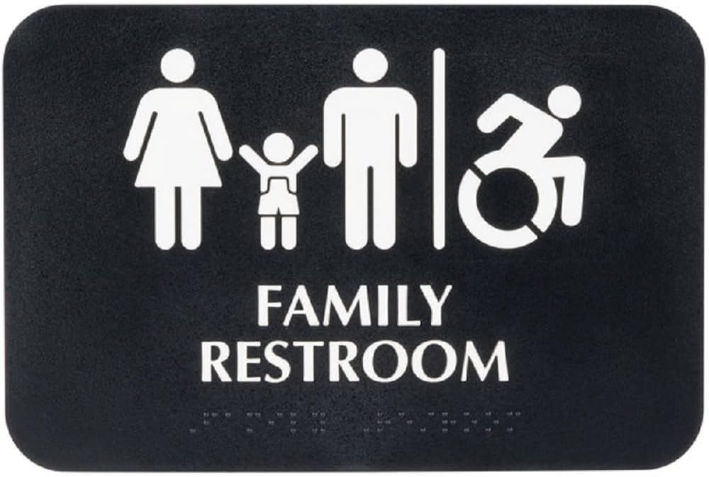9" x 6" Family Restroom/Accessible Restroom Sign with Braille with Easy Peel Self-Adhesive White on Black Color Set of 2- Door Sign Waterproof Self Adhesive Store Signs Indoor/Outdoor Warning Marker Home Business Use
