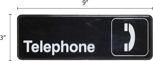 9" x 3" Telephone Sign with Easy Peel Self-Adhesive White on Black Color Set of 2- Door Sign Waterproof Self Adhesive Store Signs Indoor/Outdoor Warning Marker Home Business Use