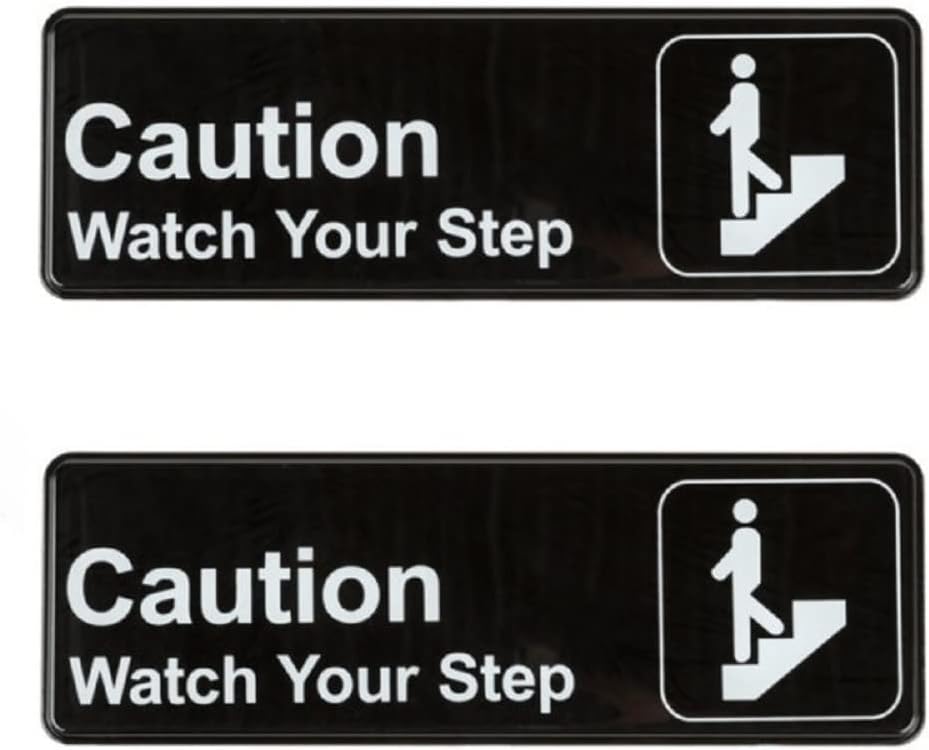 9" x 3" Caution, Watch Your Step Sign with Easy Peel Self-Adhesive White on Black Color Set of 2- Door Sign Waterproof Self Adhesive Store Signs Indoor/Outdoor Warning Marker Home Business Use