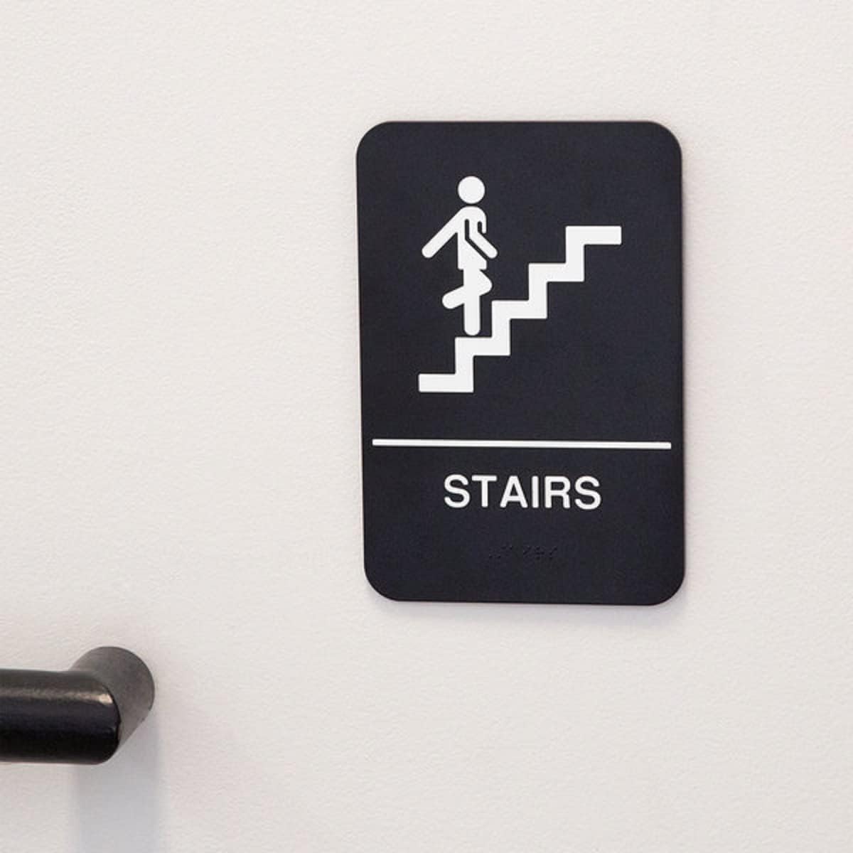 6" x 9" Stairs Sign with Braille Easy Peel Self-Adhesive White on Black Color Set of 2- Waterproof Self Adhesive Store Signs Indoor/Outdoor Warning Marker Home Business Use