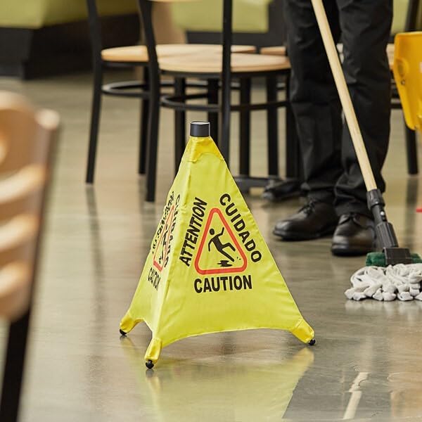 Pop-Up Safety Cone with Storage Tube- Multi-Lingual Caution Imprint and Wet Floor Symbol Floor Warning Sign in Public Spaces Safety Warning Signs for Commercial Use
