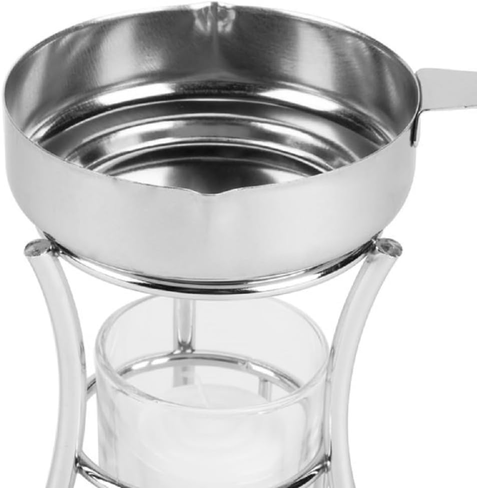 3 Piece Set Butter Warmer Stainless Steel Warmer Pan with Chrome Iron Plated Wire Stand and Glass Holder- Warmer Set for Chocolate Butter Cheese Perfect for dip Fruit Dessert Snack