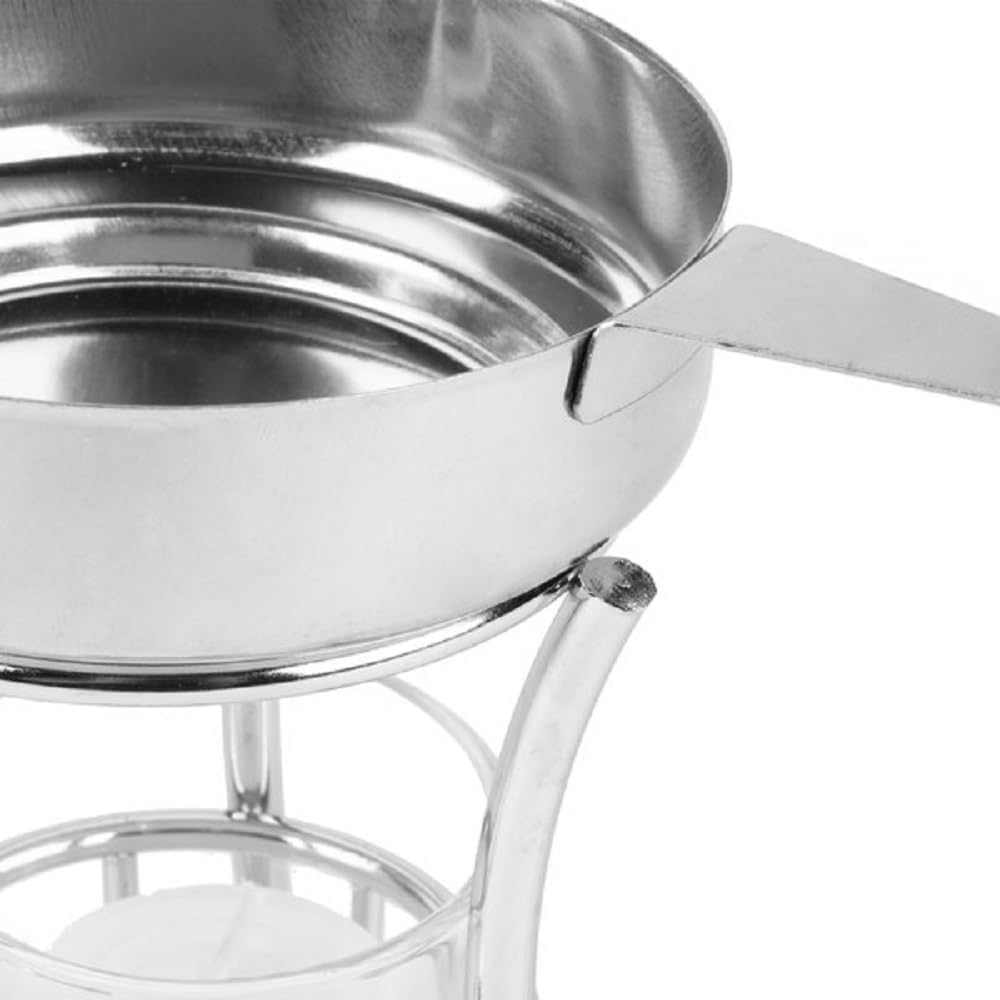 3 Piece Set Butter Warmer Stainless Steel Warmer Pan with Chrome Iron Plated Wire Stand and Glass Holder- Warmer Set for Chocolate Butter Cheese Perfect for dip Fruit Dessert Snack