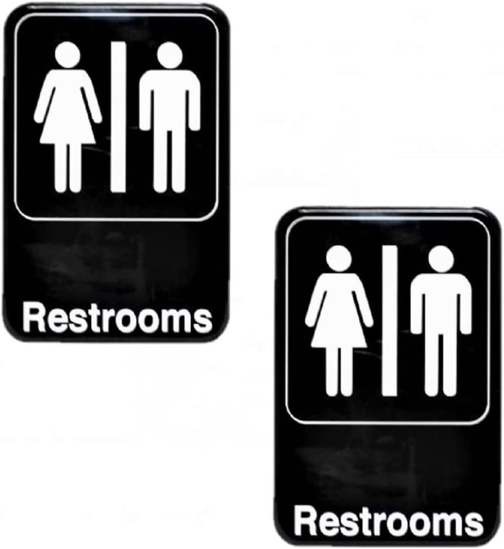 6" x 9" Restrooms Sign with Easy Peel Self-Adhesive White on Black Color Set of 2- Waterproof Self Adhesive Store Signs Indoor/Outdoor Warning Marker Home Business Use