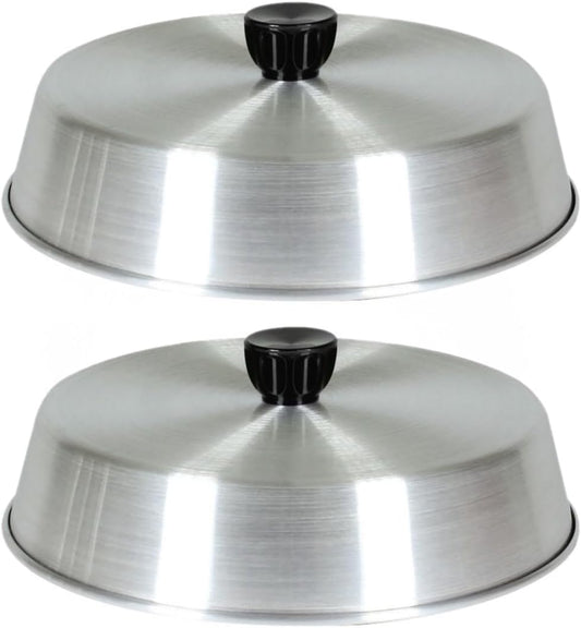 Aluminum Grill Basting Cover with Black Plastic Knob Set of 2 - Round Melting Dome Burger Cheese Cover and Steaming Cover Best Use in Flat Top Grill Cooking Indoor or Outdoor