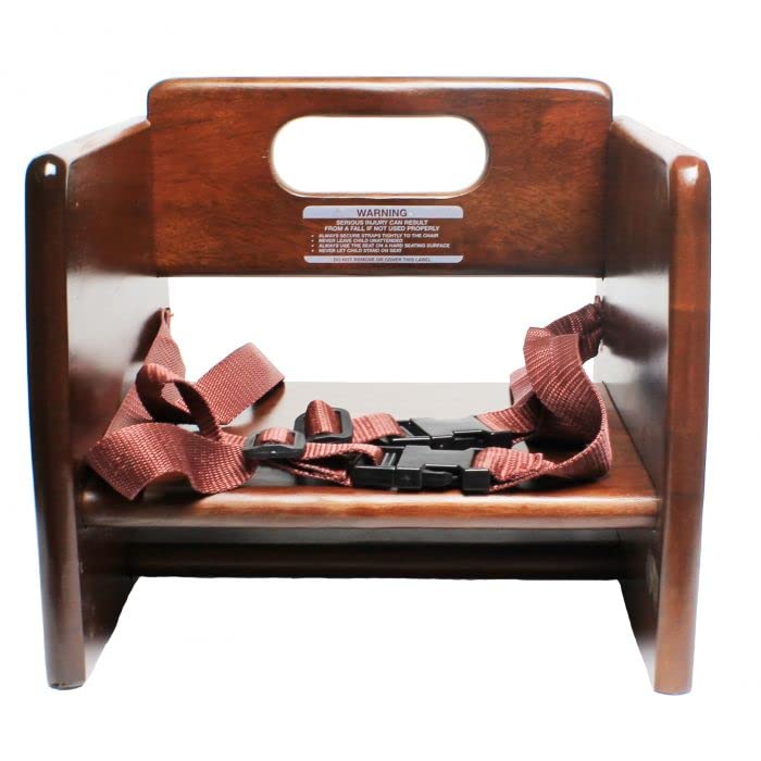 17" Children Booster Seat, Durable Wood Finished Rubber Wood with Harness Straps Seat Back Support Maximum Knock-Down Package, Stackable Booster Seat for Dining Table